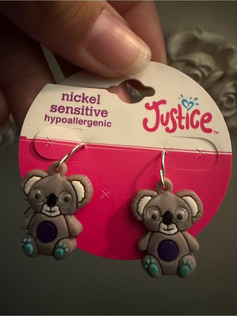 Justice Kids Gray Koala Earrings with Teal and Purple Accents